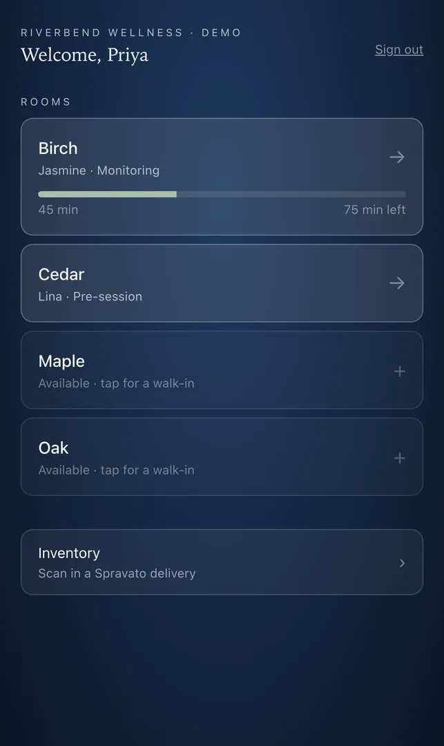 The Lucido staff phone: the rooms a clinician covers, live, with a walk-in started by tapping an empty room.
