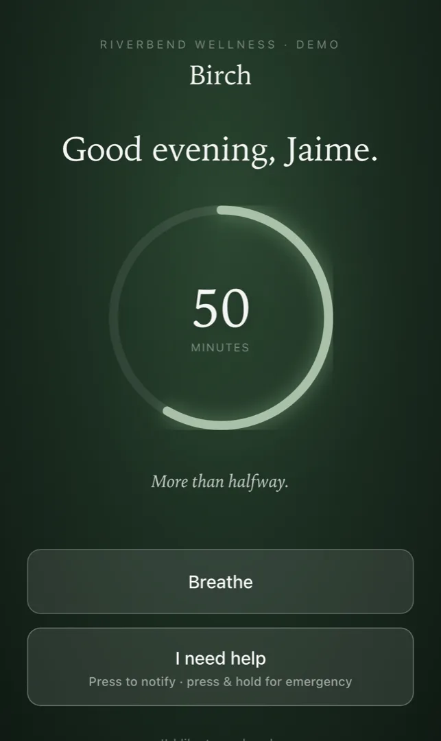 The Lucido patient phone — a calm two-hour countdown with Breathe and an I-need-help button, on the patient's own phone.