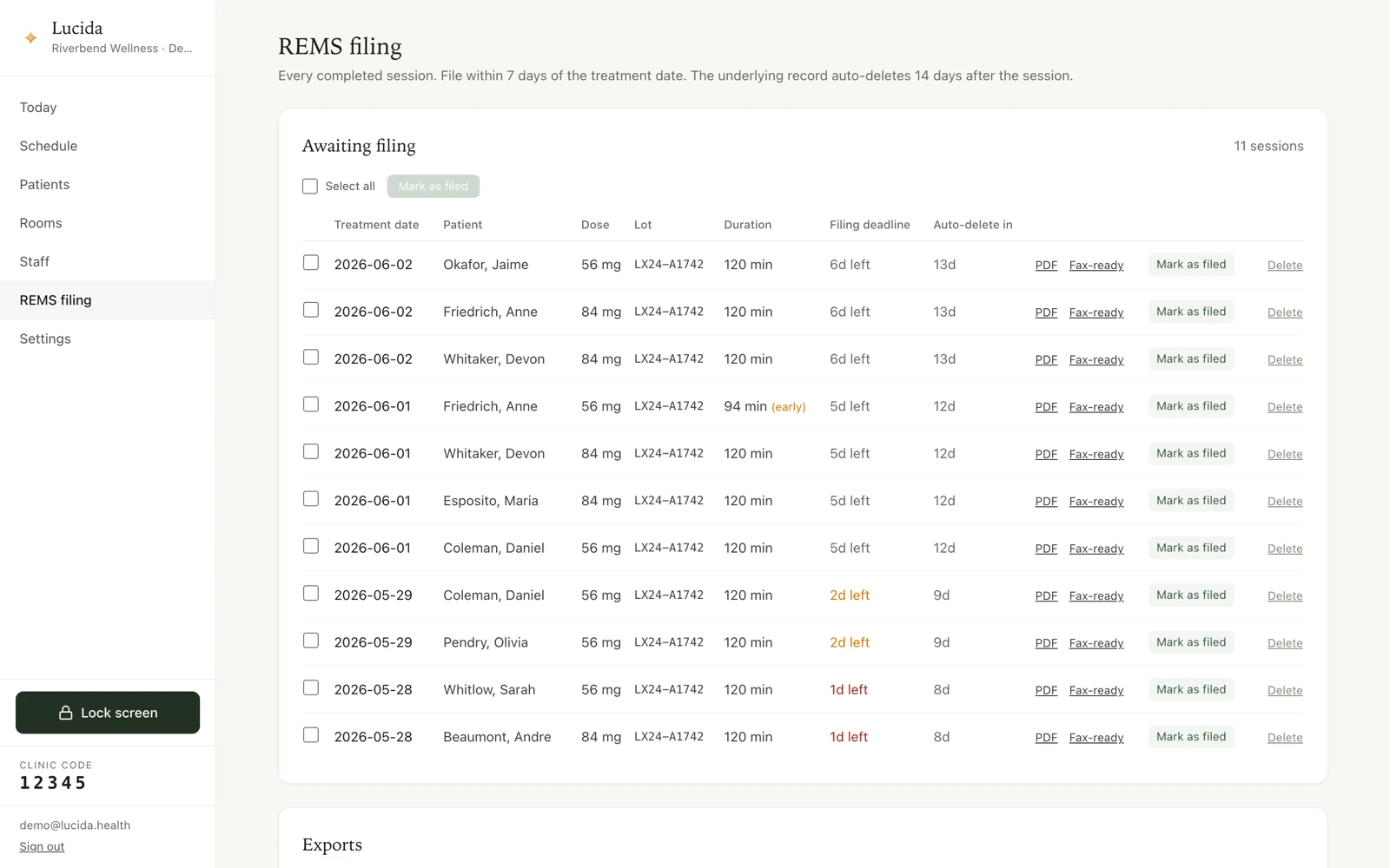 The Lucido REMS filing queue — every completed session with its filing deadline, ready to download as PDF, fax, or mark filed.