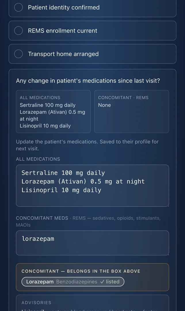 The Lucido staff phone: the medication review with a watched medication flagged and a one-tap button to file it as concomitant.