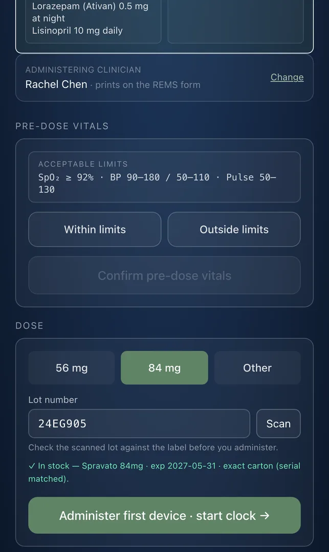 The Lucido staff phone: the dose step after a carton scan, showing the lot filled in and the exact carton verified by serial.