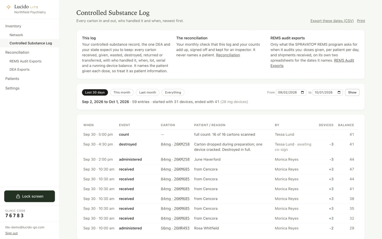 The Lucido Lite Controlled Substance Log: receipts, administrations, a destruction and a count, each with who handled it and the running device balance.