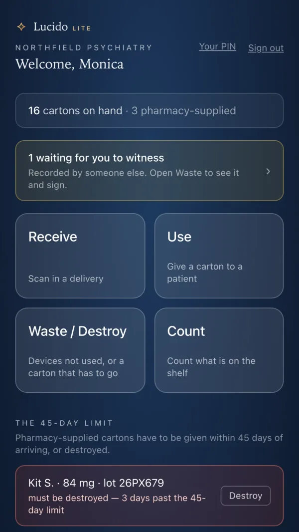 The Lucido Lite staff phone home: cartons on hand, one destruction waiting for a witness, the Receive, Use, Waste and Count buttons, and the 45-day limit.