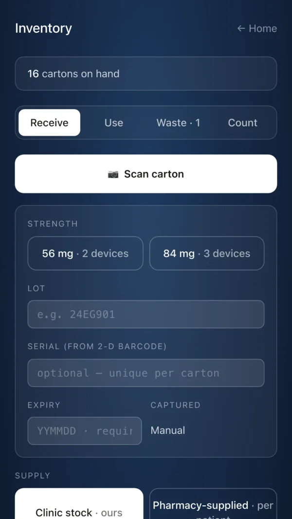 Receiving a carton on the Lucido Lite staff phone: Scan carton, then strength, lot, serial, expiry and whose stock it is.