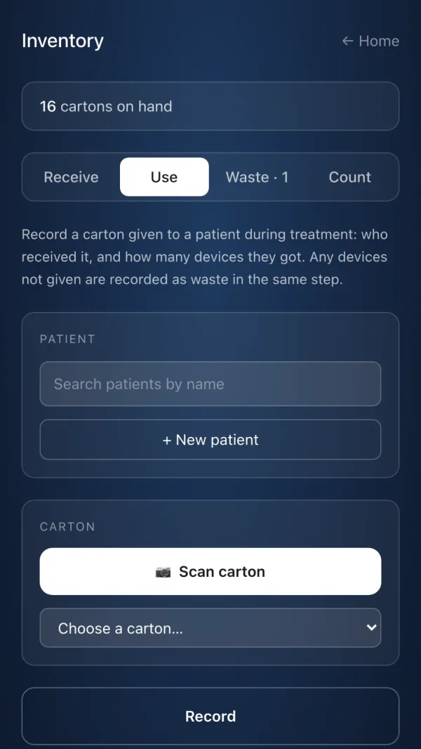 Recording a dose on the Lucido Lite staff phone: choose the patient, scan or choose the carton, and record.